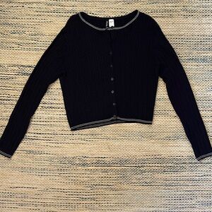 Navy Cable Knit Button-Up Cardigan with White Trim